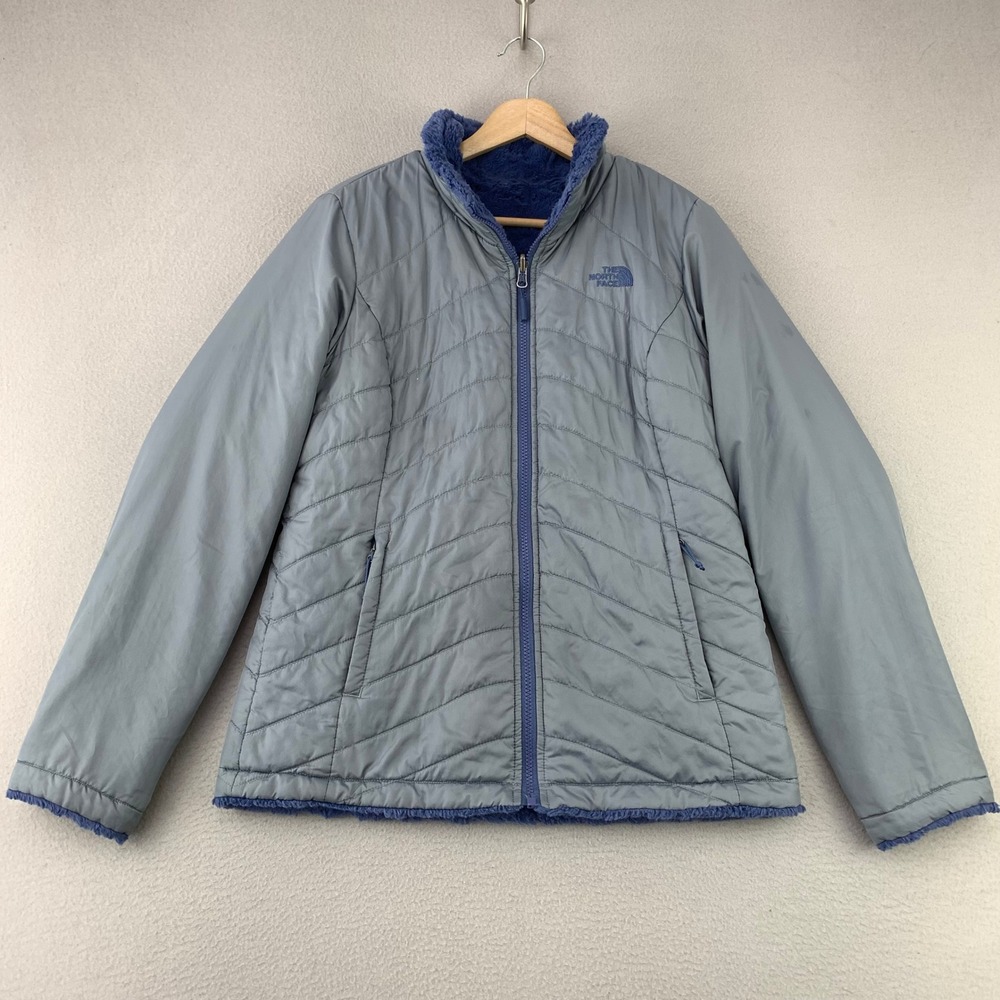 The North Face Mossbud Swirl Jacket Womens Mā Blue Reversible Quilted Fleece